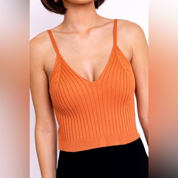 Ribbed Knit Ultra Stretch Cropped Cami Tank - Orange - Picture 5 of 11
